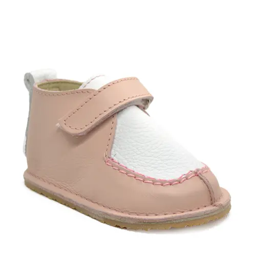 Pantofi din piele naturala pentru copii, talpa cauciuc, scai, Bubu, roz pudra / alb- RO-110-1-23-By Pebebe