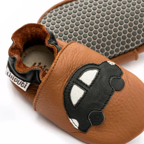 Pantofi de interior din piele naturala, talpa din piele antiderapanta, Black Car, Liliputi- 2006001013931-Liliputi