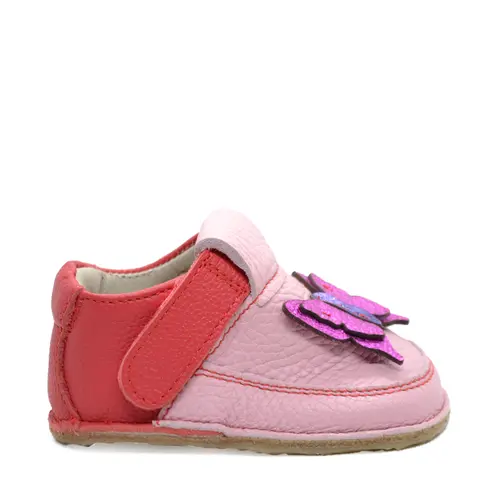 Pantofi barefoot pentru copii, piele naturala, primii pasi, talpa flexibila, roz model cu fluturas- RO-16-7-23-By Pebebe