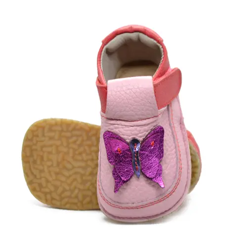 Pantofi barefoot pentru copii, piele naturala, primii pasi, talpa flexibila, roz model cu fluturas- RO-16-7-23-By Pebebe