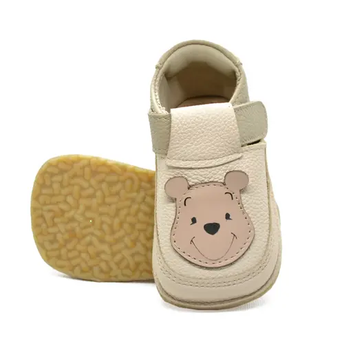 Pantofi barefoot copii, primii pasi, piele naturala, talpa flexibila, grej, ursulet- RO-16-16-24-By Pebebe