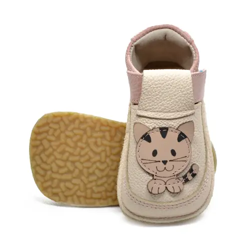 Pantofi barefoot copii, piele naturala, talpa flexibila,  nude cu roz prafuit, pisica- RO-16-14-24-By Pebebe