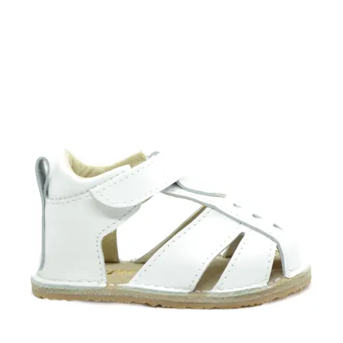 Sandale copii, barefoot, primii pasi, piele naturala, talpa flexibila, inchidere cu scai, alb- RO-100-7-23-By Pebebe