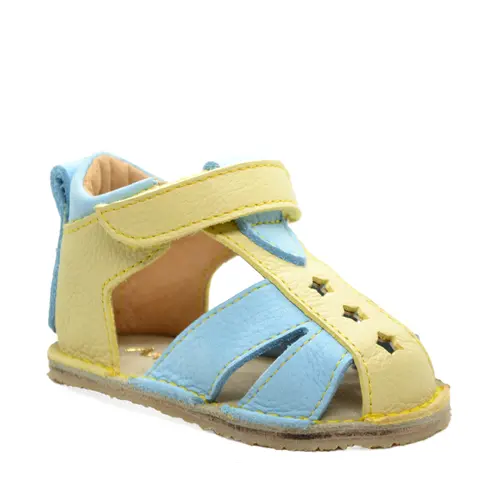 Sandale din piele naturala pentru copii cu talpa flexibila, bleu, galben- RO-200-3-22-By Pebebe