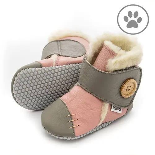 Cizme din piele naturala, talpa din piele antiderapanta, roz cu gri, PEARL, Liliputi - 2006001043501-