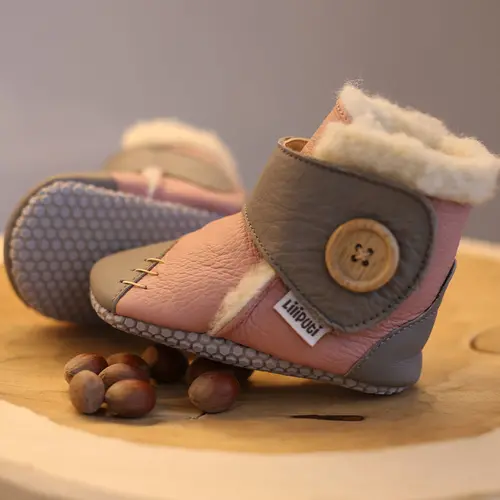 Cizme din piele naturala, talpa din piele antiderapanta, roz cu gri, PEARL, Liliputi - 2006001043501-