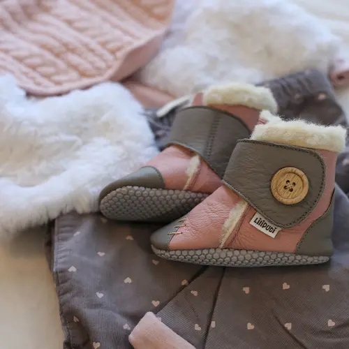 Cizme din piele naturala, talpa din piele antiderapanta, roz cu gri, PEARL, Liliputi - 2006001043501-