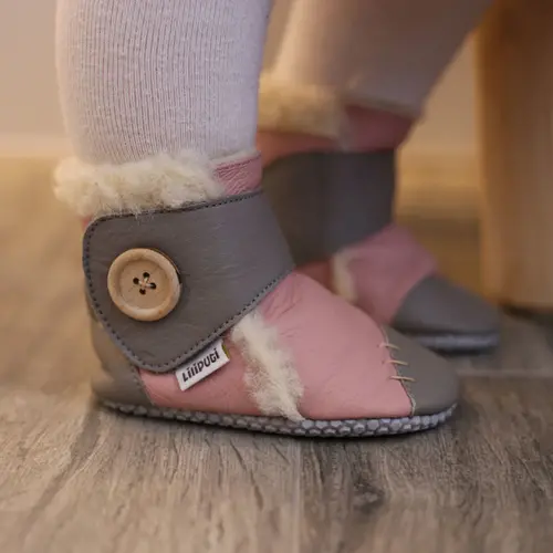 Cizme din piele naturala, talpa din piele antiderapanta, roz cu gri, PEARL, Liliputi - 2006001043501-