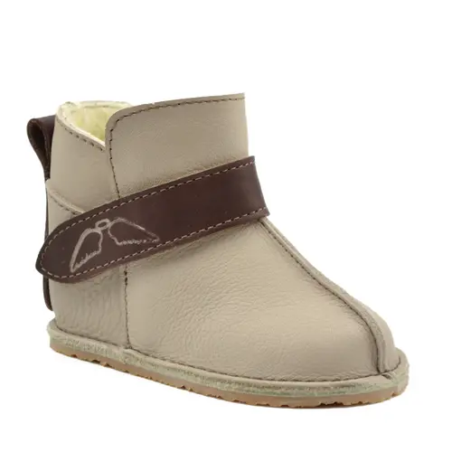 Cizme din piele pentru copii, talpa flexibila, imblanite, bej, maro- RO-106-14-24-By Pebebe