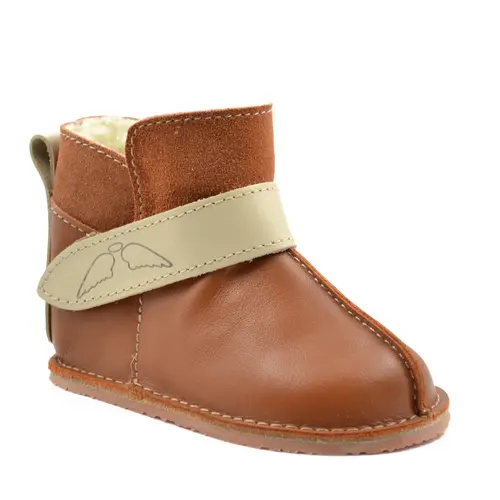 Cizme din piele pentru copii, talpa flexibila, imblanite, maro bareta crem- RO-106-15-24-By Pebebe