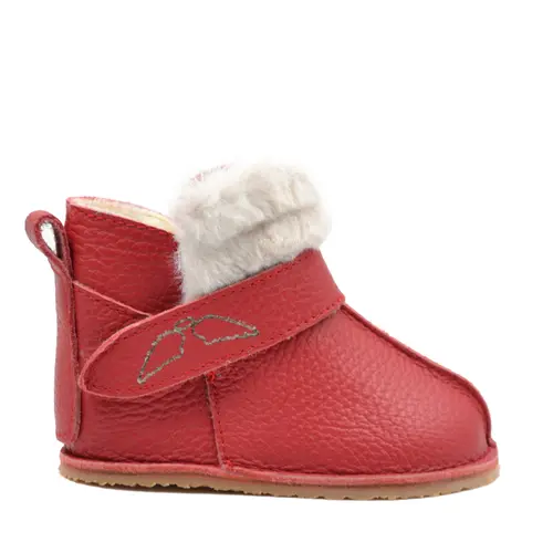 Cizme din piele pentru copii, talpa flexibila, imblanite, blanita decorativa alba, rosu- RO-107-3-24-By Pebebe