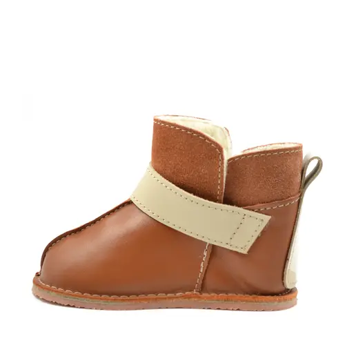 Cizme din piele pentru copii, talpa flexibila, imblanite, maro bareta crem- RO-106-15-24-By Pebebe Cizme din piele pentru copii, talpa flexibila, imblanite, maro bareta crem- RO-106-15-24-By Pebebe
