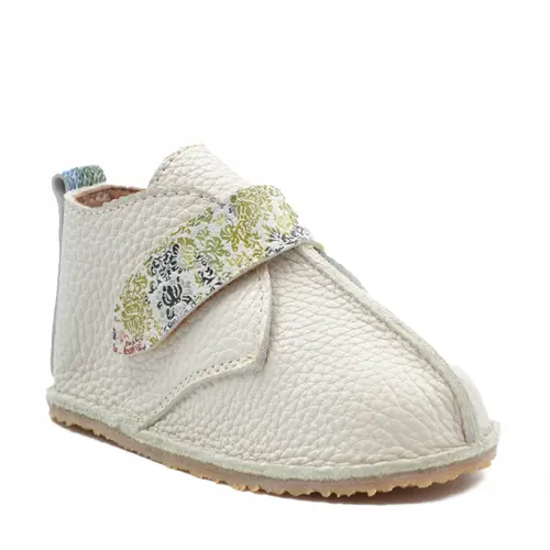Ghete barefoot copii, piele naturala, talpa flexibila, crem cu bareta imprimeu,- RO-104-14-24-By Pebebe