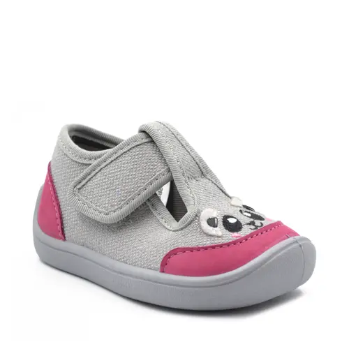 Pantofi barefoot copii, decupati, material textil, Elf Texas, gri deschis cu roz, ursulet, Bar3foot- 2BE8/4R-25-Bar3foot