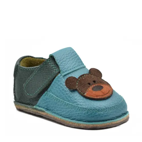 Pantofi barefoot copii, piele naturala, talpa flexibila, turcoaz, ursulet- RO-16-10-24-By Pebebe