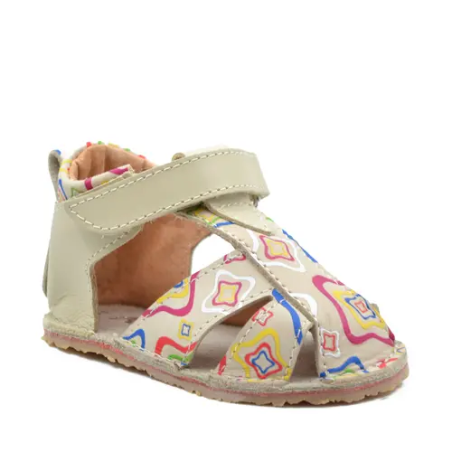 Sandale copii, primii pasi, piele naturala, talpa flexibila si inchidere cu scai, crem pictat- RO-103-10-24-By Pebebe