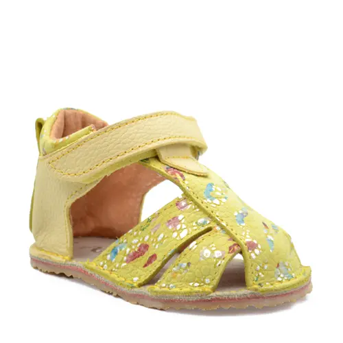 Sandale copii, primii pasi, piele naturala, talpa flexibila si inchidere cu scai, galben print- RO-103-8-24-By Pebebe