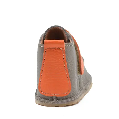 Ghete barefoot copii, piele naturala, talpa flexibila, grej cu bareta portocalie - RO-104-12-24-