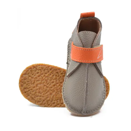 Ghete barefoot copii, piele naturala, talpa flexibila, grej cu bareta portocalie - RO-104-12-24-
