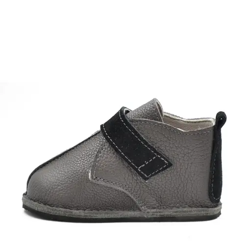 Ghete barefoot copii, piele naturala, talpa flexibila, gri cu bareta neagra - RO-104-11-24- Ghete barefoot copii, piele naturala, talpa flexibila, gri cu bareta neagra - RO-104-11-24-