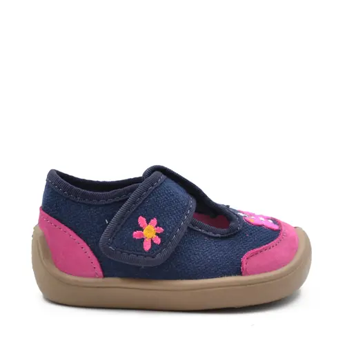 Pantofi barefoot copii, decupati, material textil, Elf Texas, bleumarin, fluturas roz, Bar3foot- 2BE8/2R-25-Bar3foot
