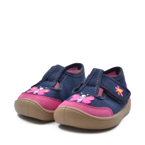 Pantofi barefoot copii, decupati, material textil, Elf Texas, bleumarin, fluturas roz, Bar3foot- 2BE8/2R-25-Bar3foot