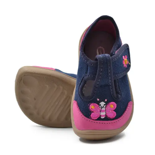 Pantofi barefoot copii, decupati, material textil, Elf Texas, bleumarin, fluturas roz, Bar3foot- 2BE8/2R-25-Bar3foot