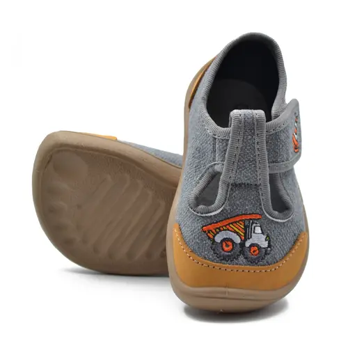 Pantofi barefoot copii, decupati, material textil, Elf Texas, gri, camion, Bar3foot- 2BE8/1R-22-Bar3foot