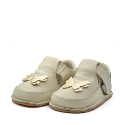 Pantofi barefoot, primii pasi, piele naturala, talpa flexibila, crem, fluturas auriu, Grace- Ari-008-17-Ariana Baby Shoes
