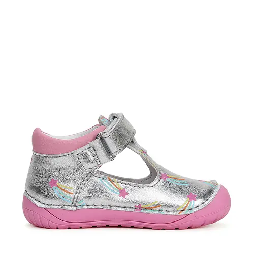 Pantofi decupati, piele naturala, primii pași, Barefoot, argintiu, stelute - curcubeu, D.D.Step- H070-41464E-25-D.D. Step