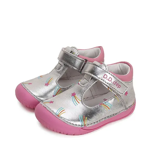 Pantofi decupati, piele naturala, primii pași, Barefoot, argintiu, stelute - curcubeu, D.D.Step- H070-41464E-25-D.D. Step