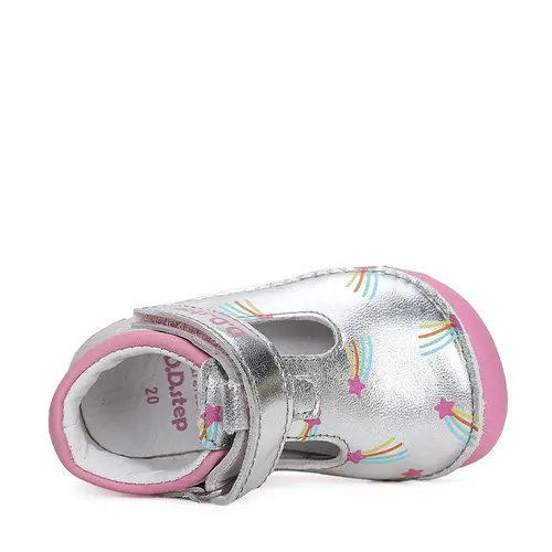 Pantofi decupati, piele naturala, primii pași, Barefoot, argintiu, stelute - curcubeu, D.D.Step- H070-41464E-25-D.D. Step