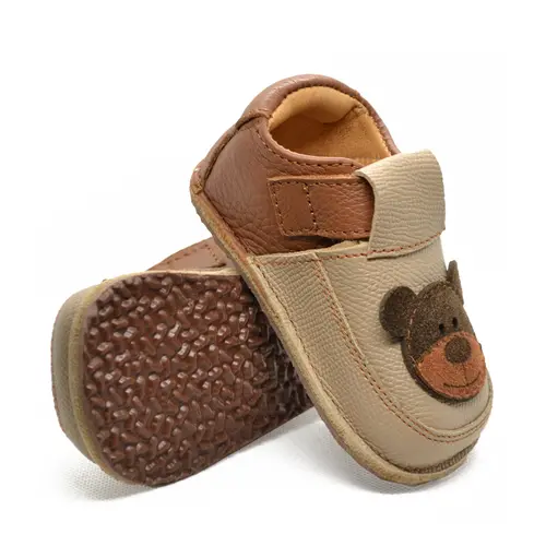 Pantofi primii pasi, barefoot, piele naturala, talpa flexibila, bej, ursulet- RO-16-13-23-By Pebebe Pantofi primii pasi, barefoot, piele naturala, talpa flexibila, bej, ursulet- RO-16-13-23-By Pebebe
