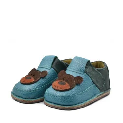 Pantofi primii pasi barefoot copii, piele naturala, talpa flexibila, turcoaz, ursulet- RO-16-10-24-By Pebebe Pantofi primii pasi barefoot copii, piele naturala, talpa flexibila, turcoaz, ursulet- RO-16-10-24-By Pebebe