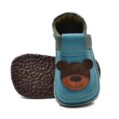 Pantofi primii pasi barefoot copii, piele naturala, talpa flexibila, turcoaz, ursulet- RO-16-10-24-By Pebebe Pantofi primii pasi barefoot copii, piele naturala, talpa flexibila, turcoaz, ursulet- RO-16-10-24-By Pebebe