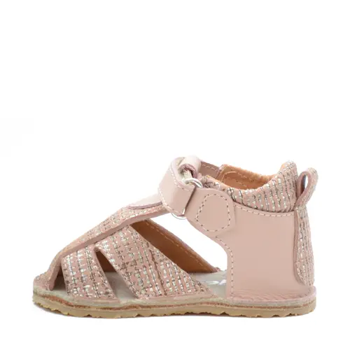 Sandale copii, primii pasi, piele naturala, talpa flexibila si inchidere cu scai, roz pudra cu imprimeu- RO-103-7-24-By Pebebe