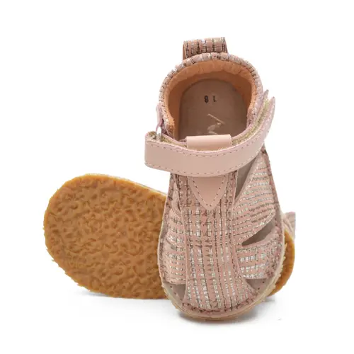 Sandale copii, primii pasi, piele naturala, talpa flexibila si inchidere cu scai, roz pudra cu imprimeu- RO-103-7-24-By Pebebe