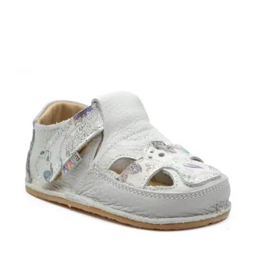 Sandale barefoot, primii pasi, piele naturala, talpa flexibila, alb, print, Rene- Ari-100-4-17-Ariana Baby Shoes