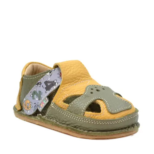 Sandale barefoot, primii pasi, piele naturala, talpa flexibila, verde uscat, galben, Kane- Ari-100-9-17-Ariana Baby Shoes