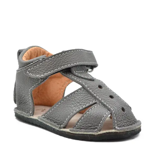 Sandale copii, barefoot, primii pasi, piele naturala, talpa flexibila, inchidere cu scai, gri- RO-100-8-23-By Pebebe