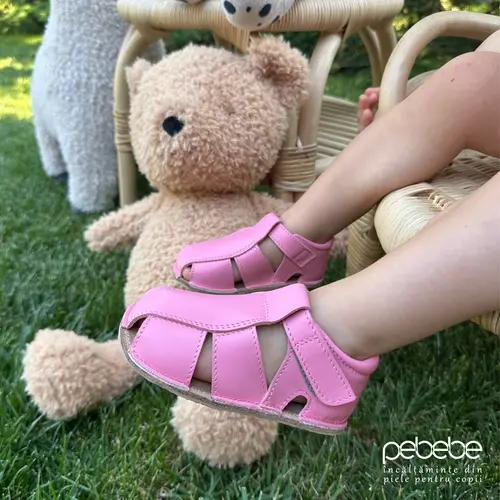 Sandale din piele naturală  cu scai și talpă din cauciuc flexibil, roz inchis, LUY- RO-12-6-24-By Pebebe