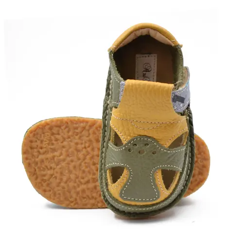 Sandale barefoot, primii pasi, piele naturala, talpa flexibila, verde uscat, galben, Kane- Ari-100-9-17-Ariana Baby Shoes