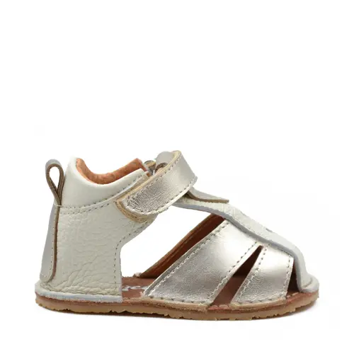Sandale copii, barefoot, primii pasi, piele naturala, talpa flexibila, inchidere cu scai, crem auriu- RO-100-12-24-By Pebebe