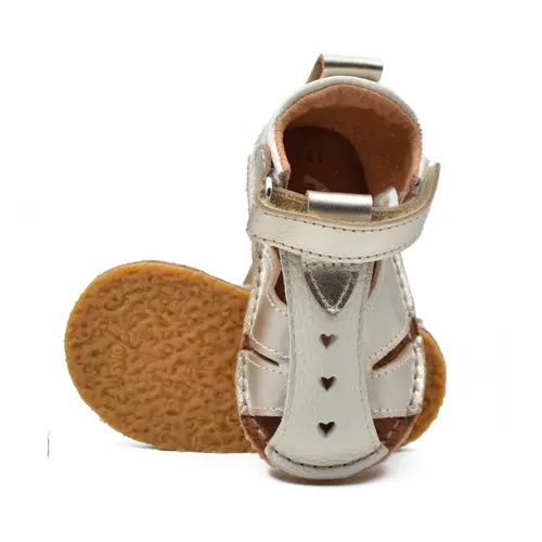Sandale copii, barefoot, primii pasi, piele naturala, talpa flexibila, inchidere cu scai, crem auriu- RO-100-12-24-By Pebebe