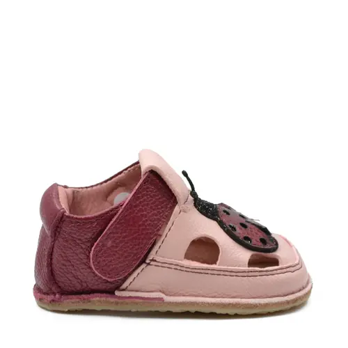 Sandale primi pasi cu scai, talpă flexibilă de cauciuc, perforatii  laterale, buburuza, grena- RO-20-4-19-By Pebebe