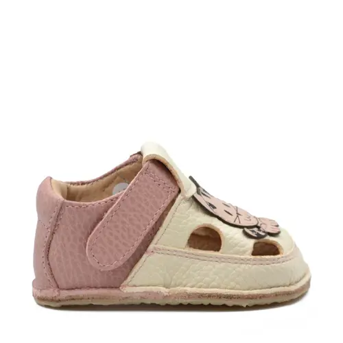Sandale copii Barefoot primi pasi, talpă flexibilă de cauciuc, perforatii  laterale, pisica, crem cu roz- RO-20-11-24-By Pebebe