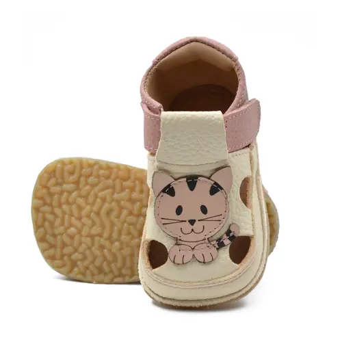Sandale copii Barefoot primi pasi, talpă flexibilă de cauciuc, perforatii  laterale, pisica, crem cu roz- RO-20-11-24-By Pebebe