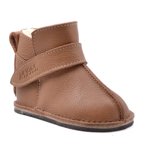 Cizme din piele pentru copii, talpa flexibila, imblanite, camel- RO-106-19-24-By Pebebe
