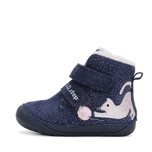 Ghete Barefoot fete, piele naturala, captusite, albastru inchis, pisica, D.D.Step- W070-42110-25-D.D. Step