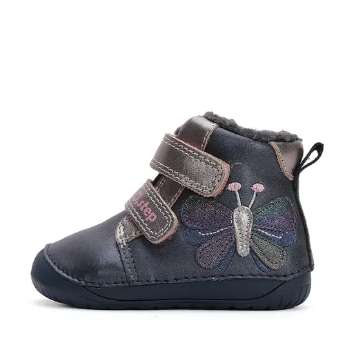 Ghete Barefoot fete, piele naturala, captusite, bleumarin sidef, fluture, D.D.Step- W070-42522-25-D.D. Step